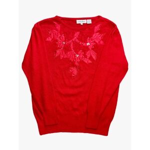 Cristina Women's Red Beaded Sequin Holiday Crew Neck Sweater Size Large‎ Vintage
